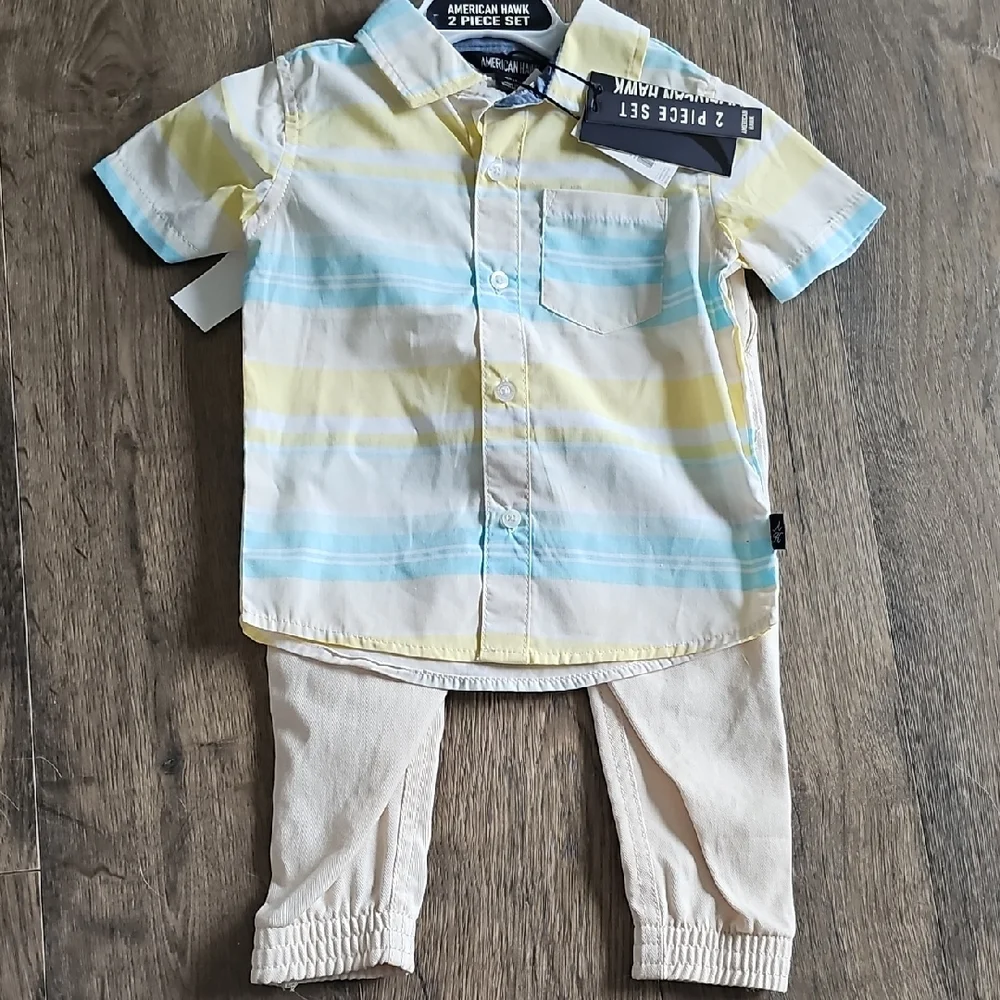 NWT 2 PIECE Pant Set American Hawk Shirt Tan Pants 24 months Boy Joggers Toddler